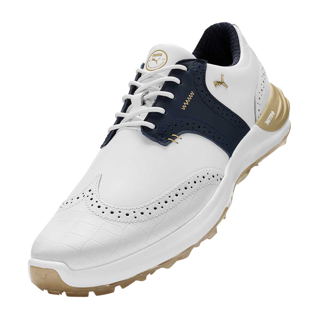 Puma PhantomCat Nitro Gator Golf Shoes White/Deep Navy/Gold